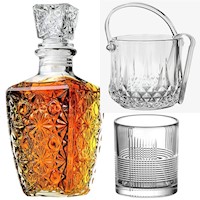 Jgo 8pc Vasos cortos 330ml + Hielera + Licorera, Whiskera, Escoces 1L 29*9.5